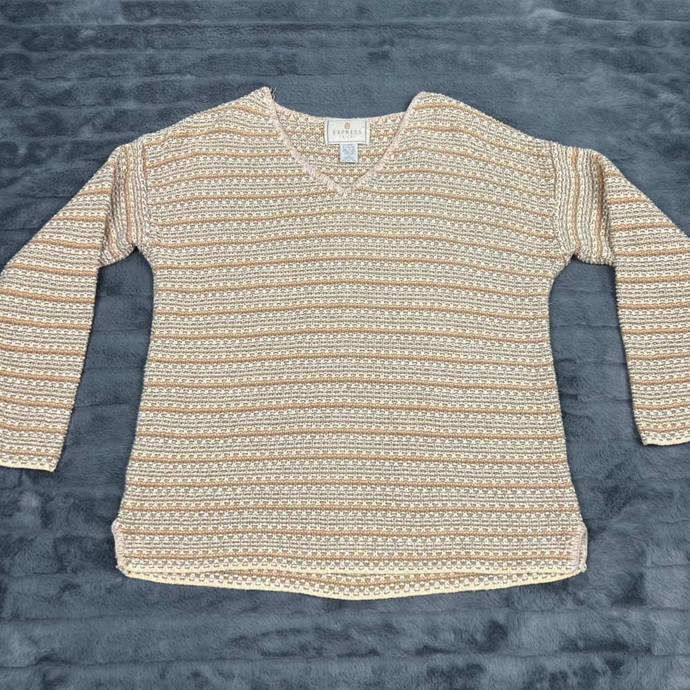 Vintage Express Tricot Striped V-Neck Sweater Womens Small Ramie Cotton Tan Knit